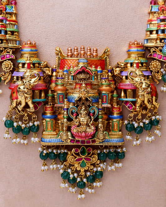 Aishwarya Lakshmi Temple Meenakari Haram (ruby - emerald) - (Premium Masterpiece Edition) – By Suwarnikaa Jewels