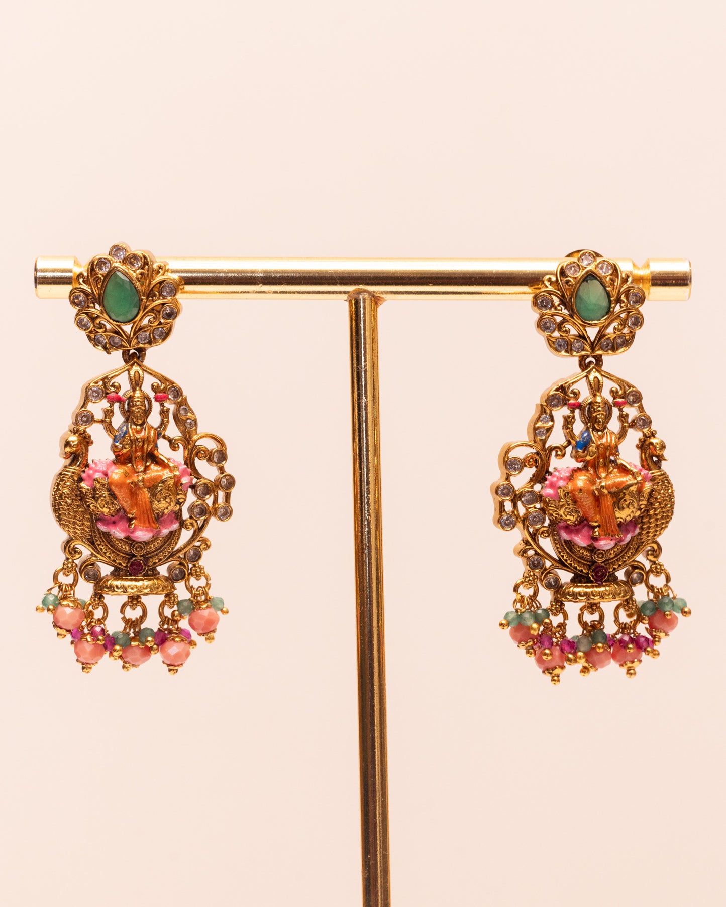 Hamsa Vahana Lakshmidevi Meenakari Haram with Pink Beets – Premium South Indian Meenakari Temple Jewellery Set By Suwarnikaa Jewels