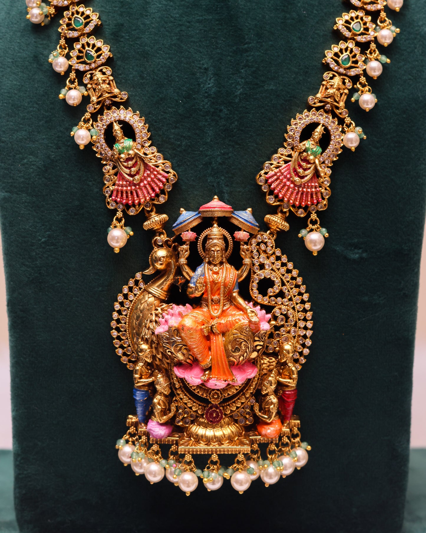 Hamsa Vahana Lakshmidevi Meenakari Haram white pearl – Premium South Indian Meenakari Temple Jewellery Set By Suwarnikaa Jewels