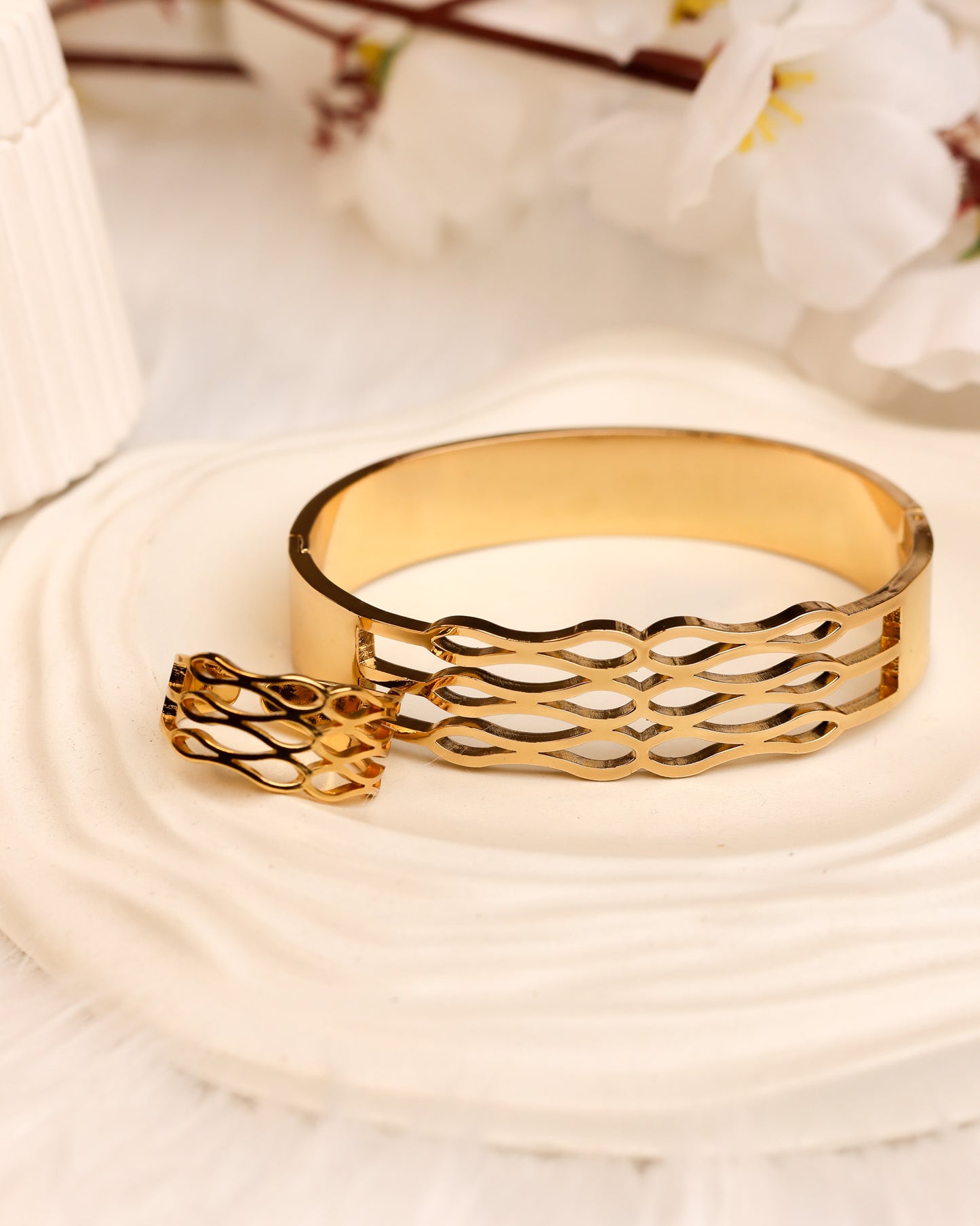 Serene Lattice Gold Cuff & Ring Set | Free Size | Premium Quality (Anti Tarnish & Gold Polish)