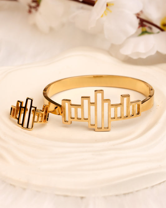 Urban Pulse Gold Cuff & Ring Set | Free Size | Premium Quality (Anti Tarnish & Gold Polish)