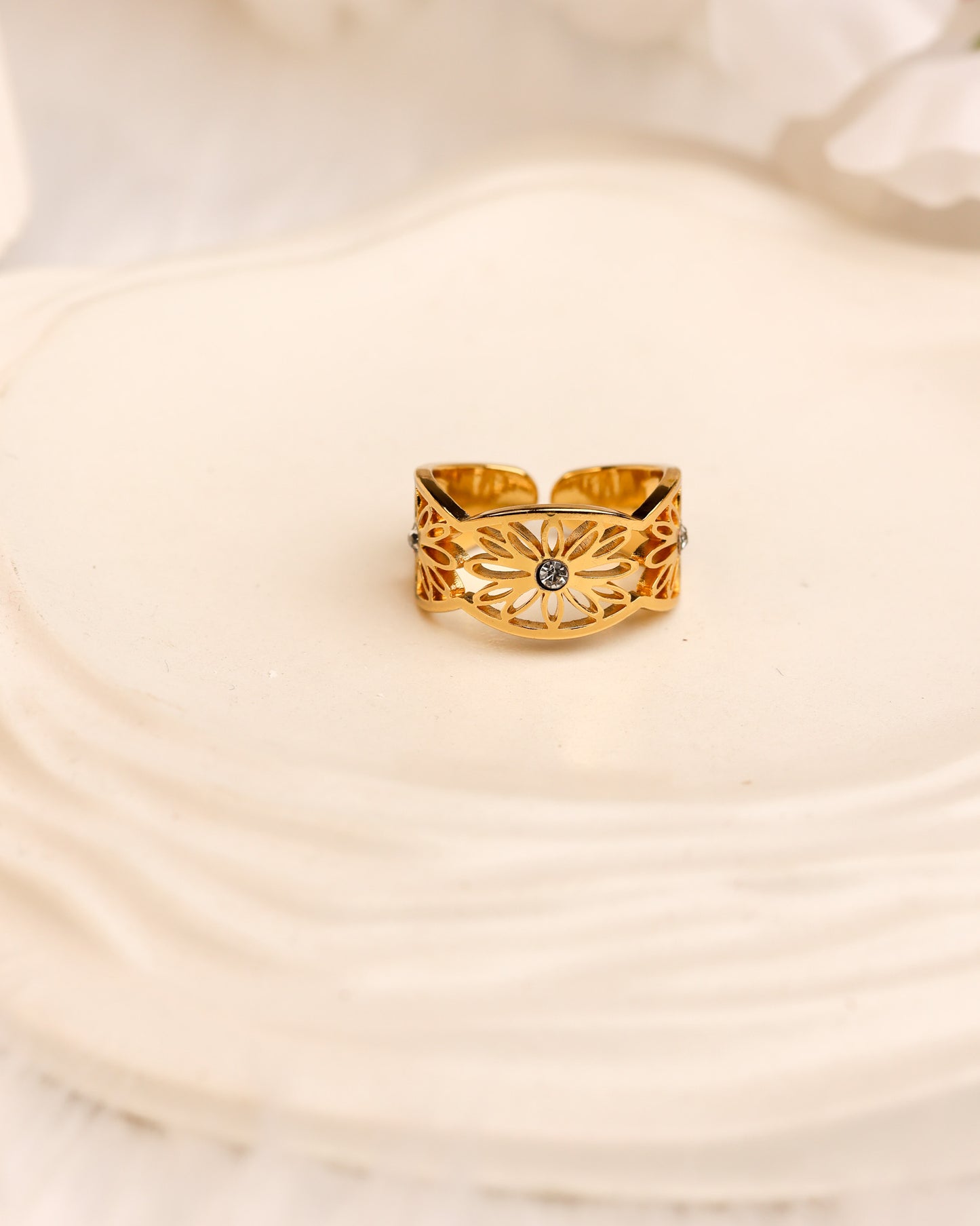 Bloom Radiance Gold Cuff & Ring Set | Free Size | Premium Quality (Anti Tarnish & Gold Polish)
