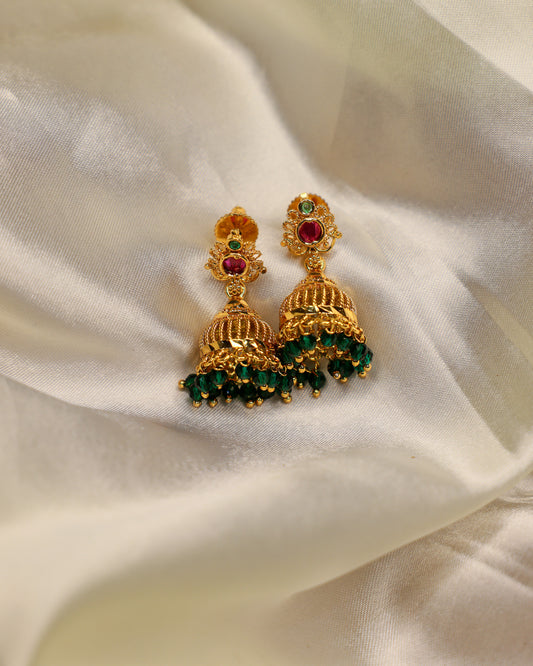 Lohita Shobha Emerald Jhumkalu premium Gold Polished Earings by Suwarnikaa jewels