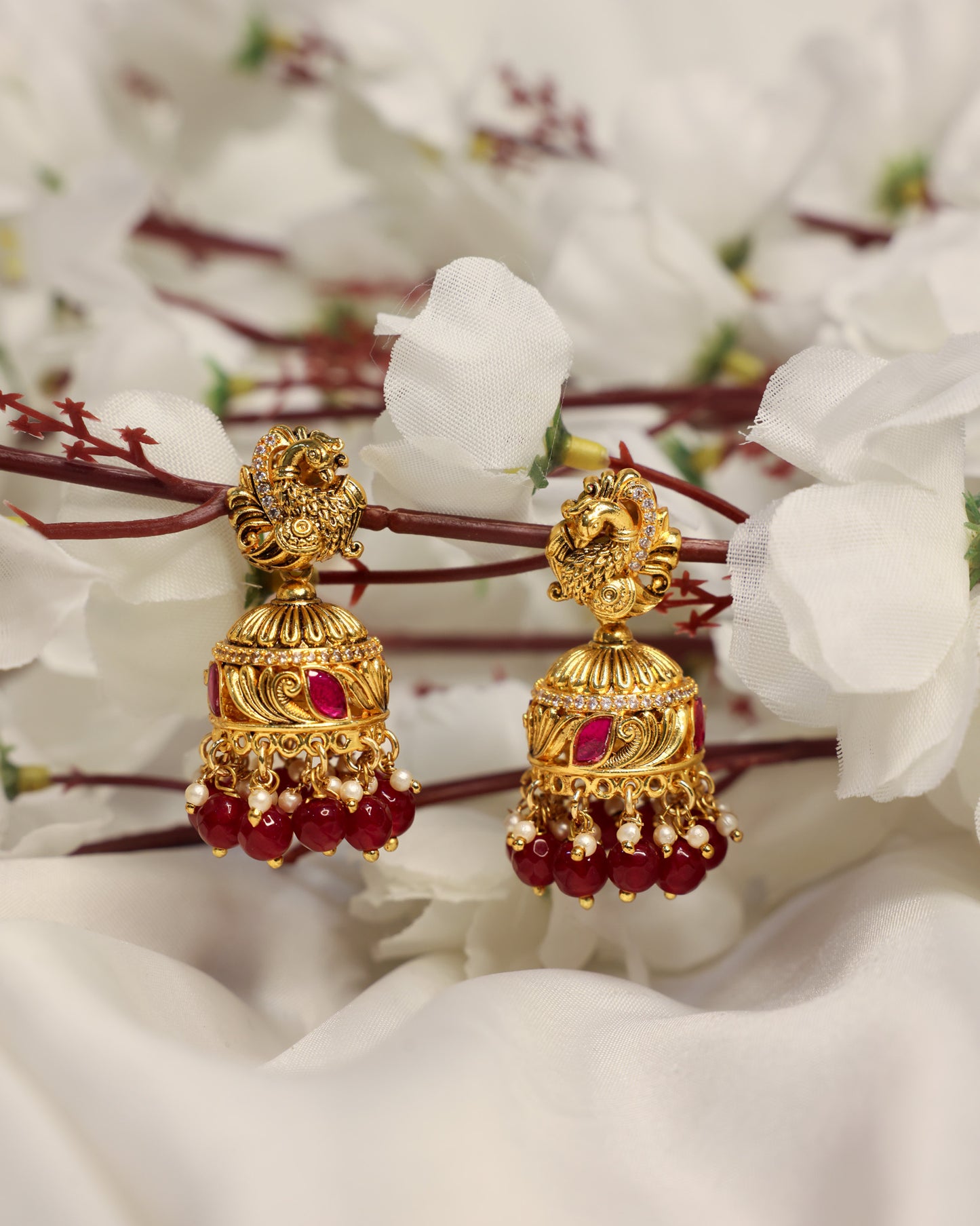 Mayura Alankara Jhumkalu premium Gold Polished Earings by Suwarnikaa jewels