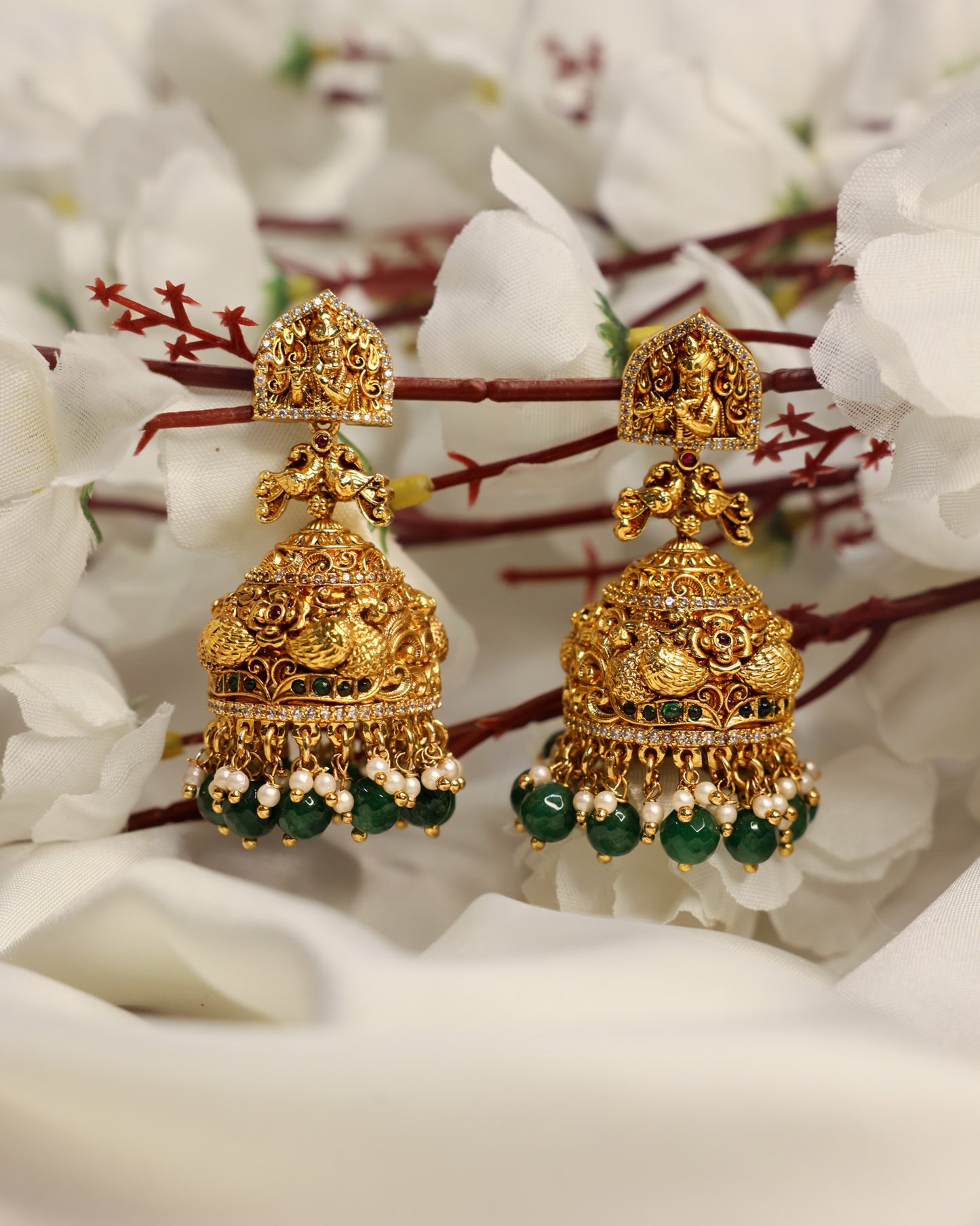 Rajyalakshmi Vaibhava Jhumkas premium Gold Polished Earings by Suwarnikaa jewels