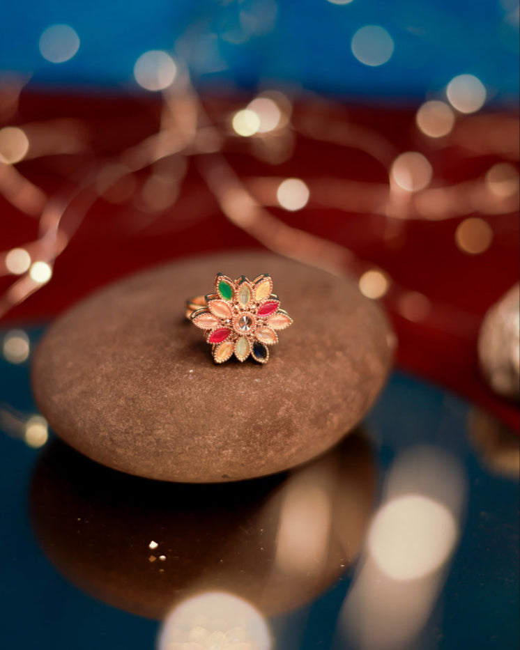Suwarnikaa's Kaleidoscope Bloom Ring Gold Plated with stones Brass  Finger Ring