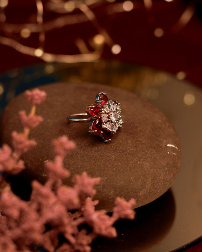 Red Stone flower American Diamond Ring