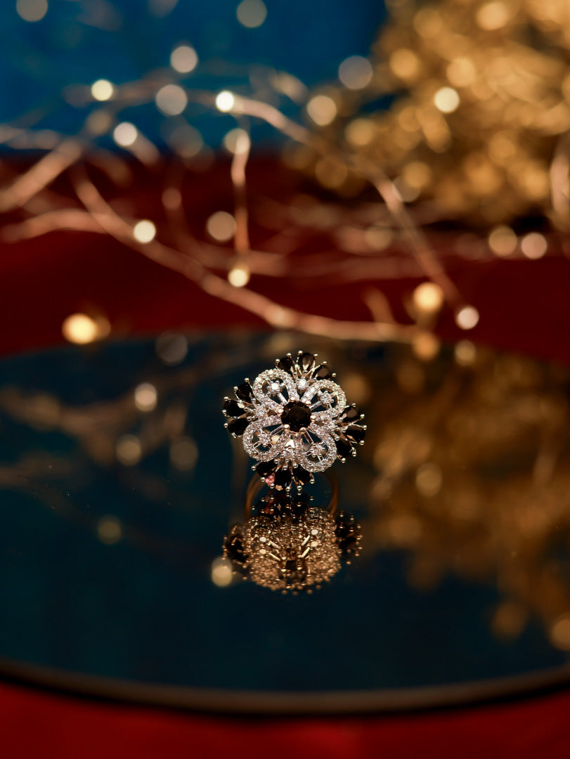 Black Floral American Diamond Ring