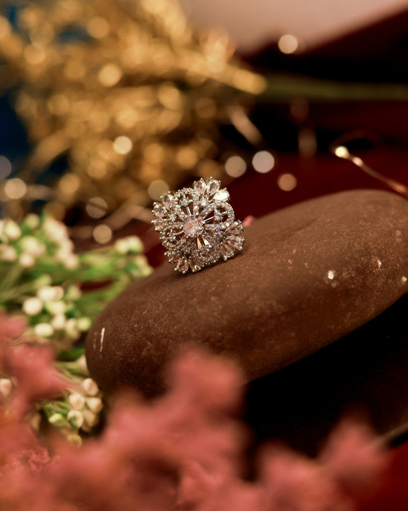 White Floral American Diamond Ring