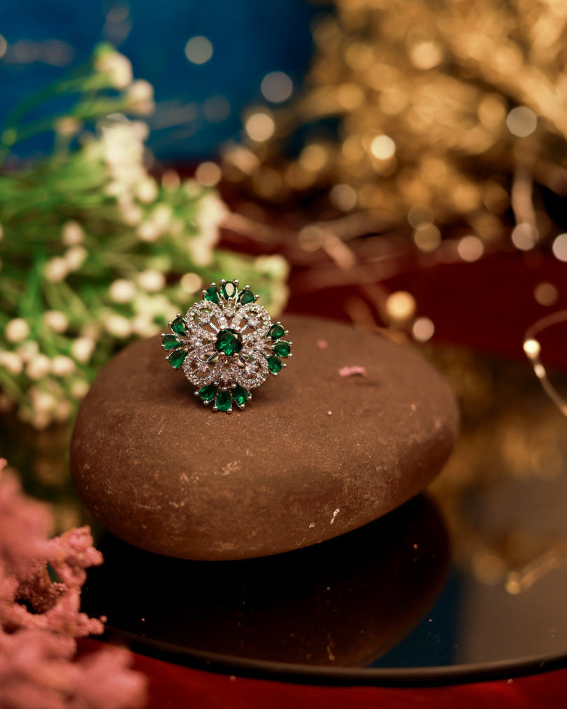 Green Floral American Diamond Ring