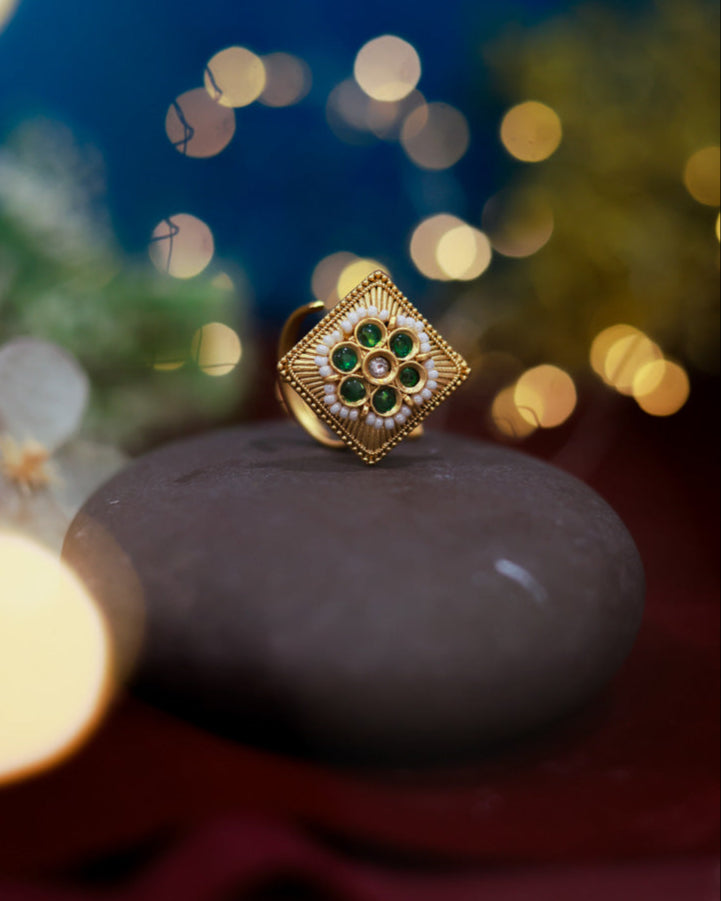 Heritage Bloom Ring Gold Plated with stones Brass  Finger Ring