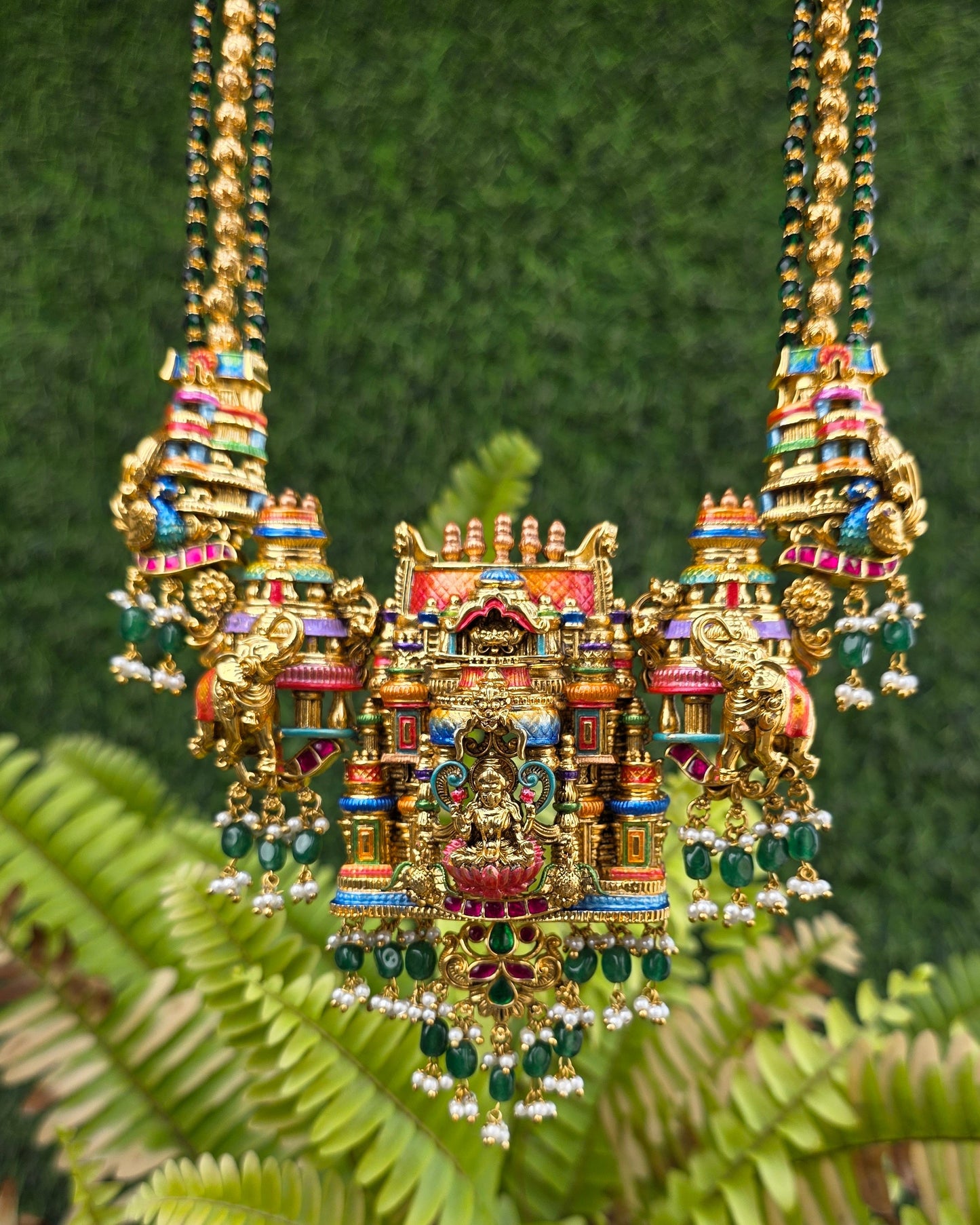 Aishwarya Lakshmi Temple Meenakari Haram (Emerald) - (Premium Masterpiece Edition) – By Suwarnikaa Jewels