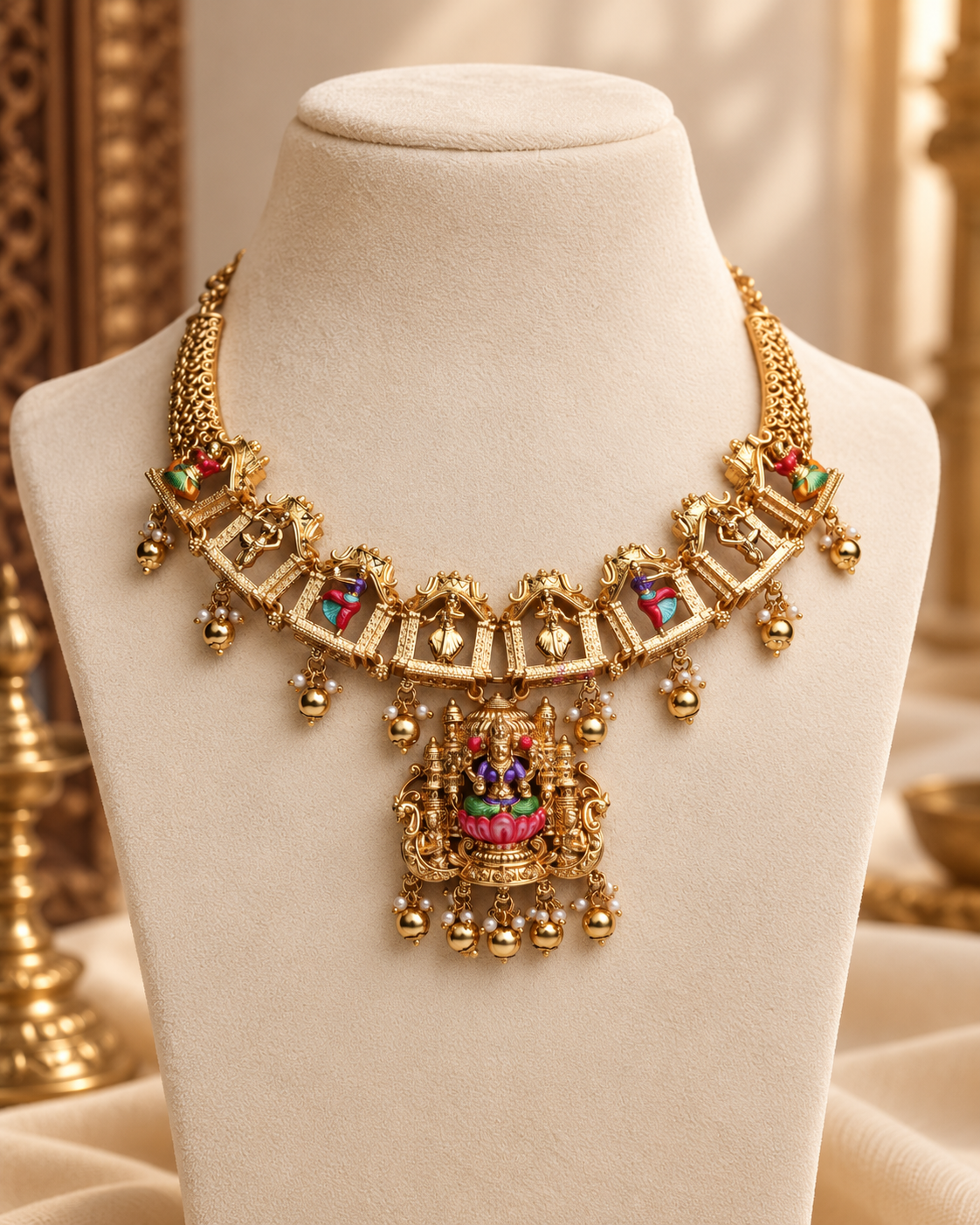 Natya Mayuri meenakari Temple Necklace Set by suwarnikaa jewels