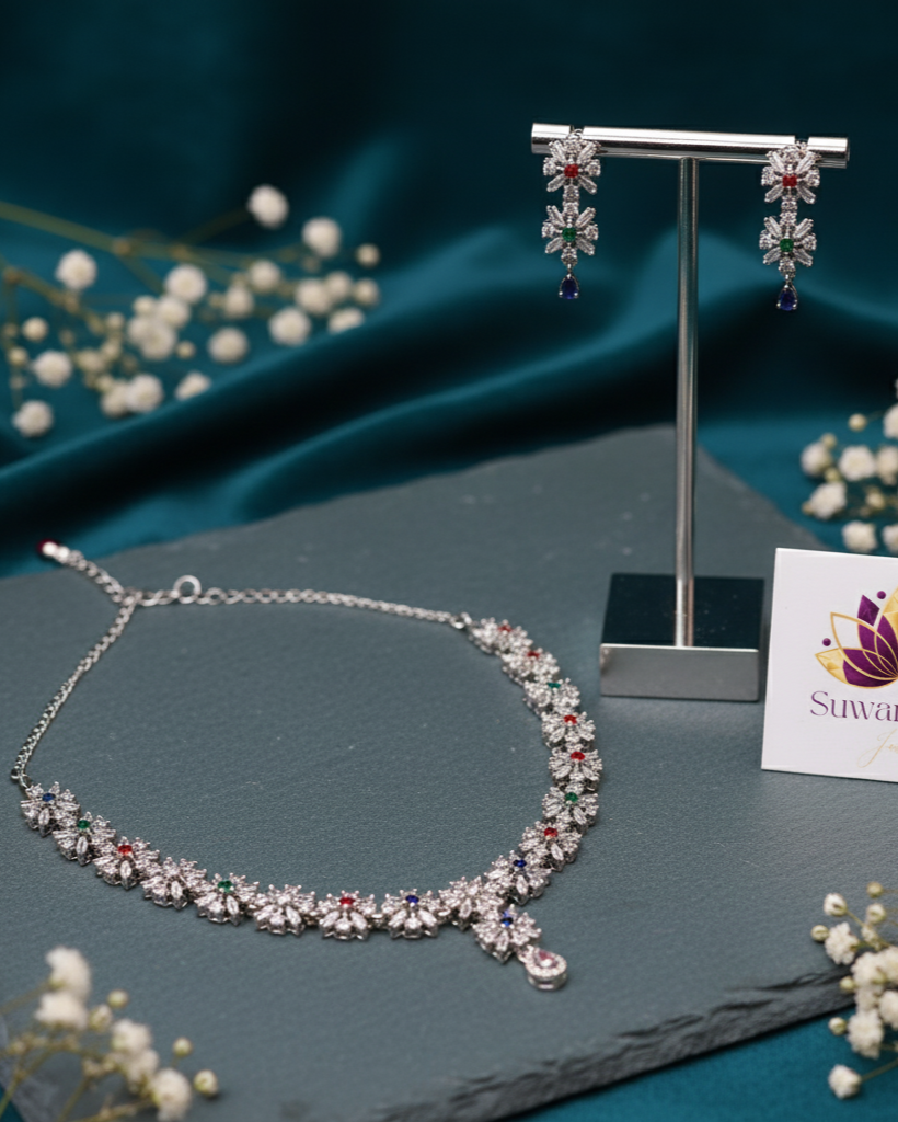 Suwarnikaa’s Rainbow Radiance American Diamond Necklace Set
