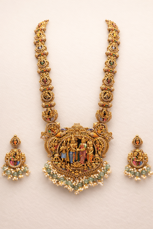 Srinivasa Kalyanam Meenakari Haram – Premium South Indian Meenakari Temple Jewellery Set By Suwarnikaa Jewels