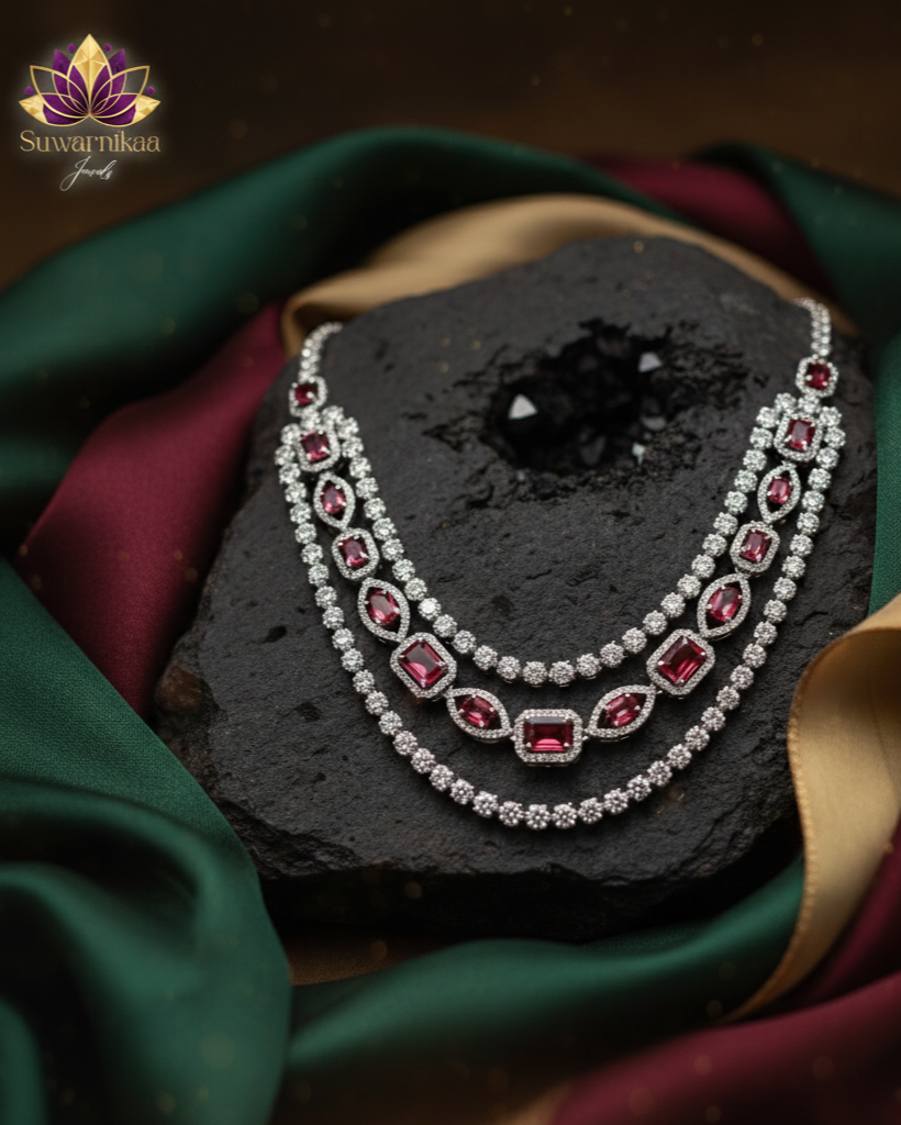 Suwarnikaa’s Scarlet Glow American Diamond Necklace Set