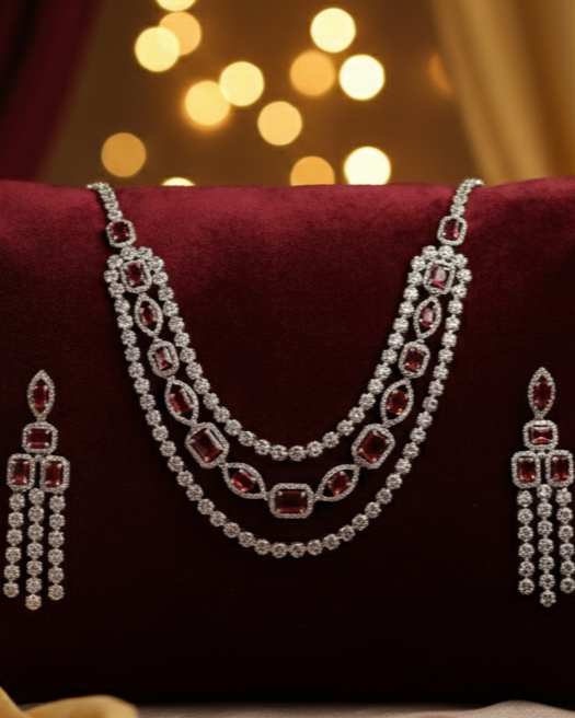 Suwarnikaa’s Scarlet Glow American Diamond Necklace Set