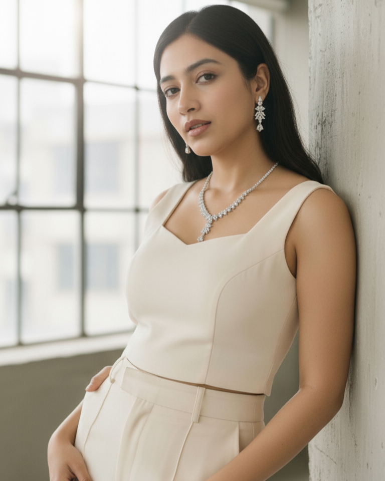 Suwarnikaa’s White Legacy  American Diamond Necklace Set