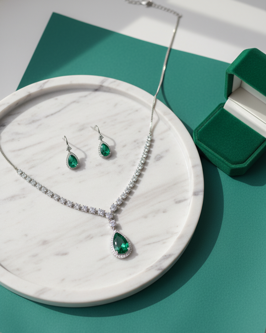 Suwarnikaa’s Emerald Green Diamond Drizzle Necklace Set