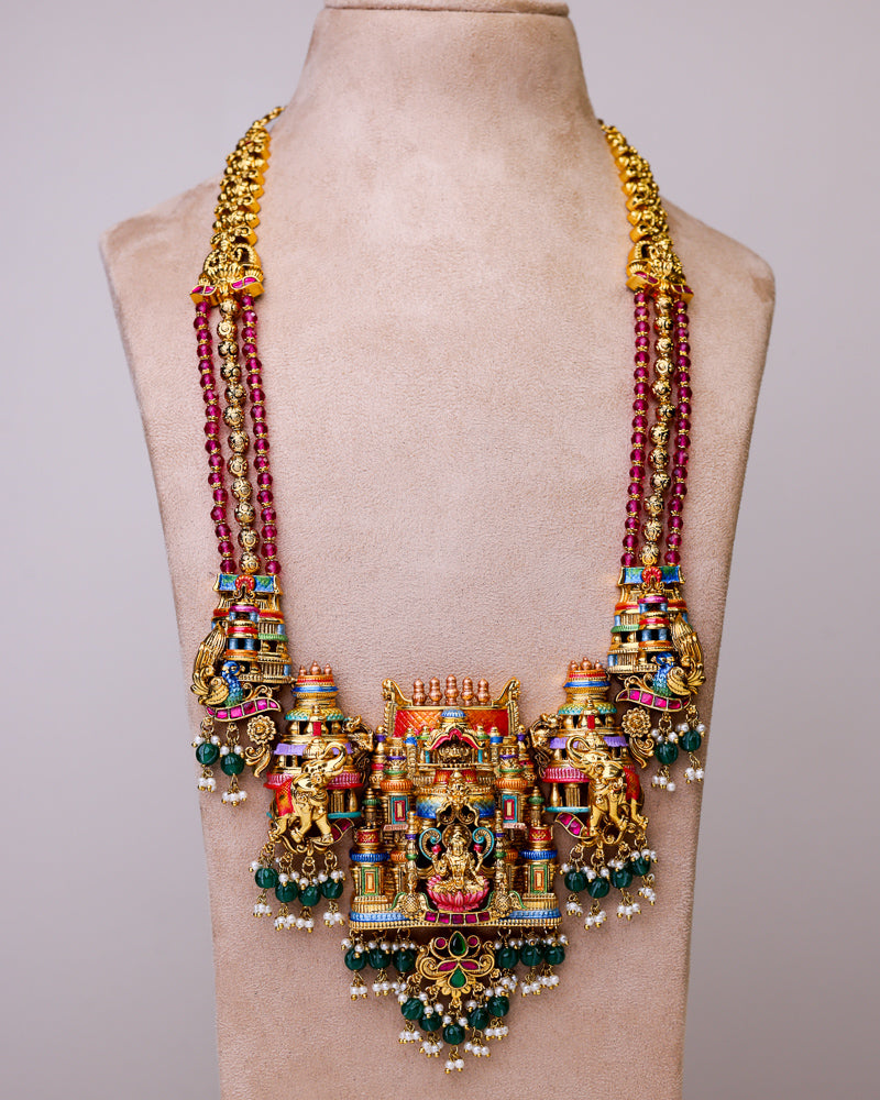 Aishwarya Lakshmi Temple Meenakari Haram  (ruby - emerald) - (Premium Masterpiece Edition) – By Suwarnikaa Jewels