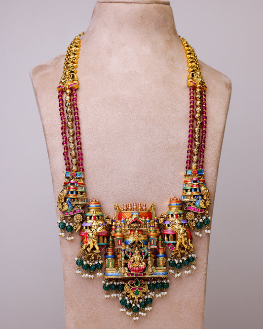 Aishwarya Lakshmi Temple Meenakari Haram  (ruby - emerald) - (Premium Masterpiece Edition) – By Suwarnikaa Jewels