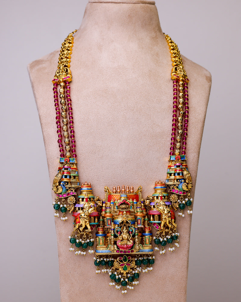 Aishwarya Lakshmi Temple Meenakari Haram  (ruby - emerald) - (Premium Masterpiece Edition) – By Suwarnikaa Jewels