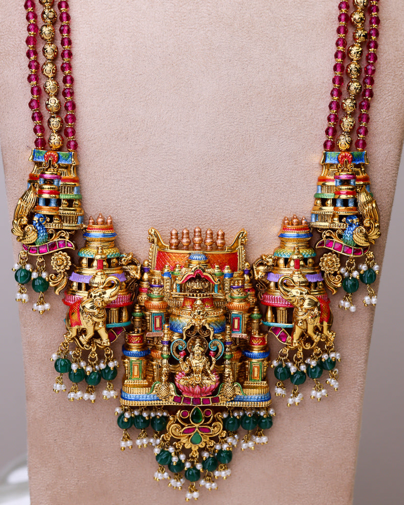 Aishwarya Lakshmi Temple Meenakari Haram  (ruby - emerald) - (Premium Masterpiece Edition) – By Suwarnikaa Jewels