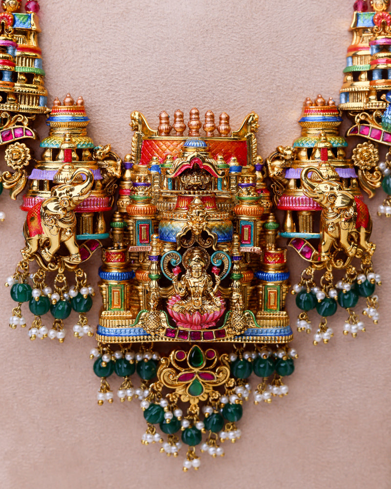 Aishwarya Lakshmi Temple Meenakari Haram  (ruby - emerald) - (Premium Masterpiece Edition) – By Suwarnikaa Jewels