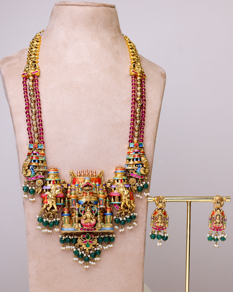 Aishwarya Lakshmi Temple Meenakari Haram  (ruby - emerald) - (Premium Masterpiece Edition) – By Suwarnikaa Jewels