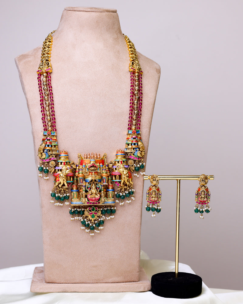 Aishwarya Lakshmi Temple Meenakari Haram  (ruby - emerald) - (Premium Masterpiece Edition) – By Suwarnikaa Jewels