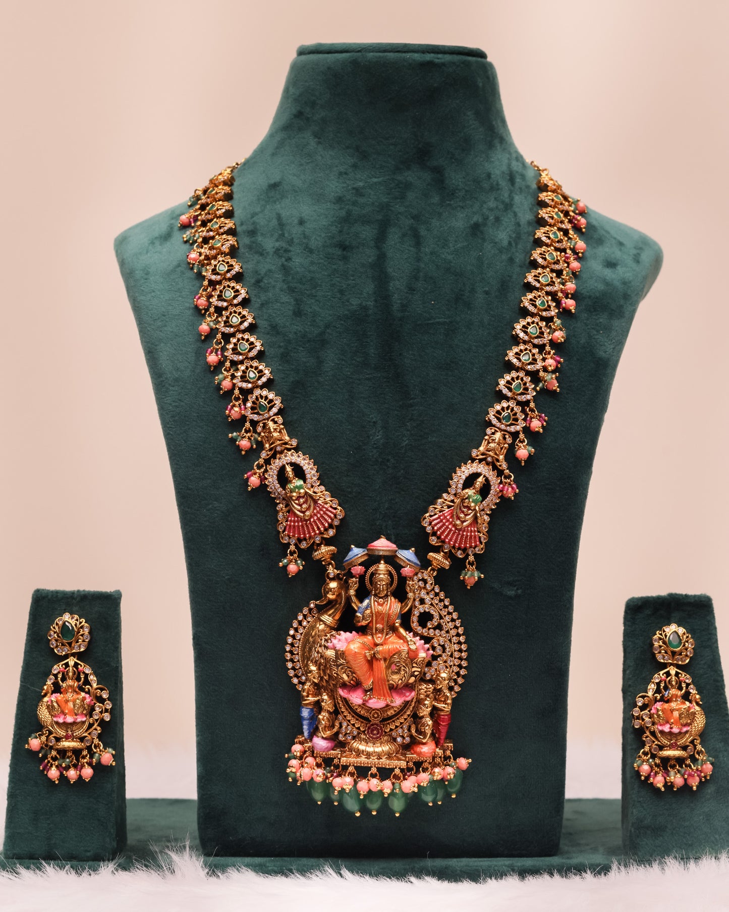 Hamsa Vahana Lakshmidevi Meenakari Haram with Pink Beets – Premium South Indian Meenakari Temple Jewellery Set By Suwarnikaa Jewels