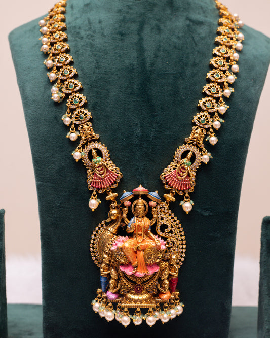 Hamsa Vahana Lakshmidevi Meenakari Haram white pearl – Premium South Indian Meenakari Temple Jewellery Set By Suwarnikaa Jewels