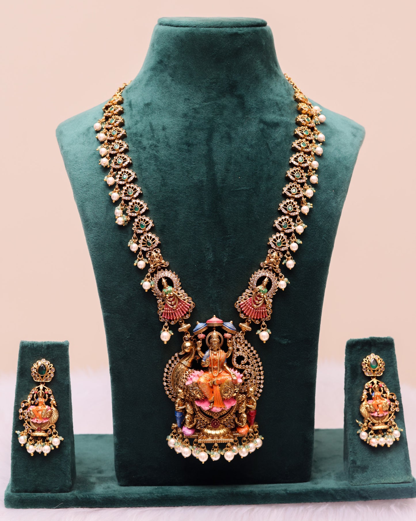 Hamsa Vahana Lakshmidevi Meenakari Haram white pearl – Premium South Indian Meenakari Temple Jewellery Set By Suwarnikaa Jewels