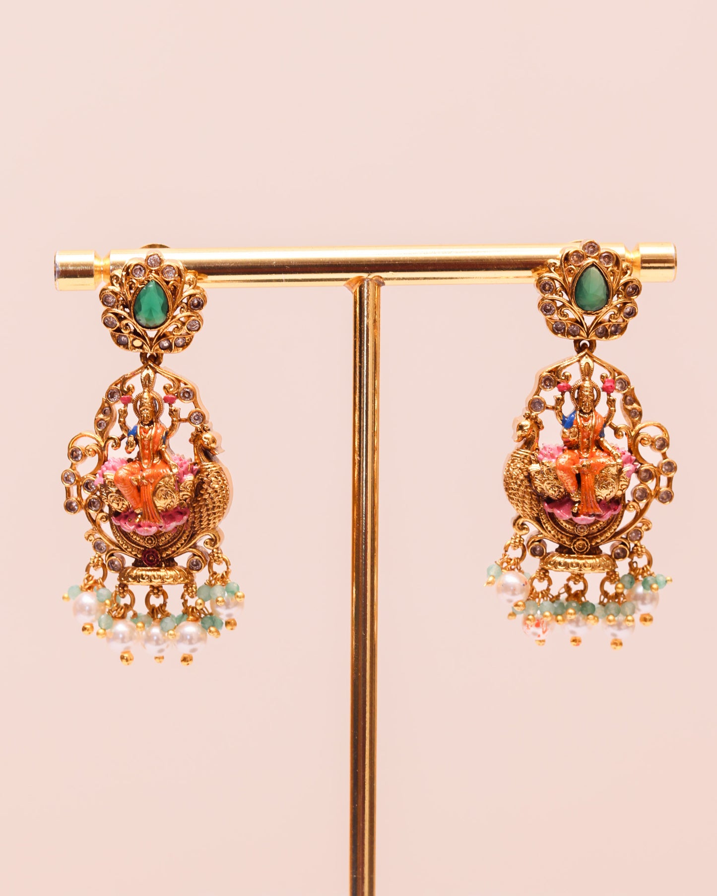 Hamsa Vahana Lakshmidevi Meenakari Haram white pearl – Premium South Indian Meenakari Temple Jewellery Set By Suwarnikaa Jewels