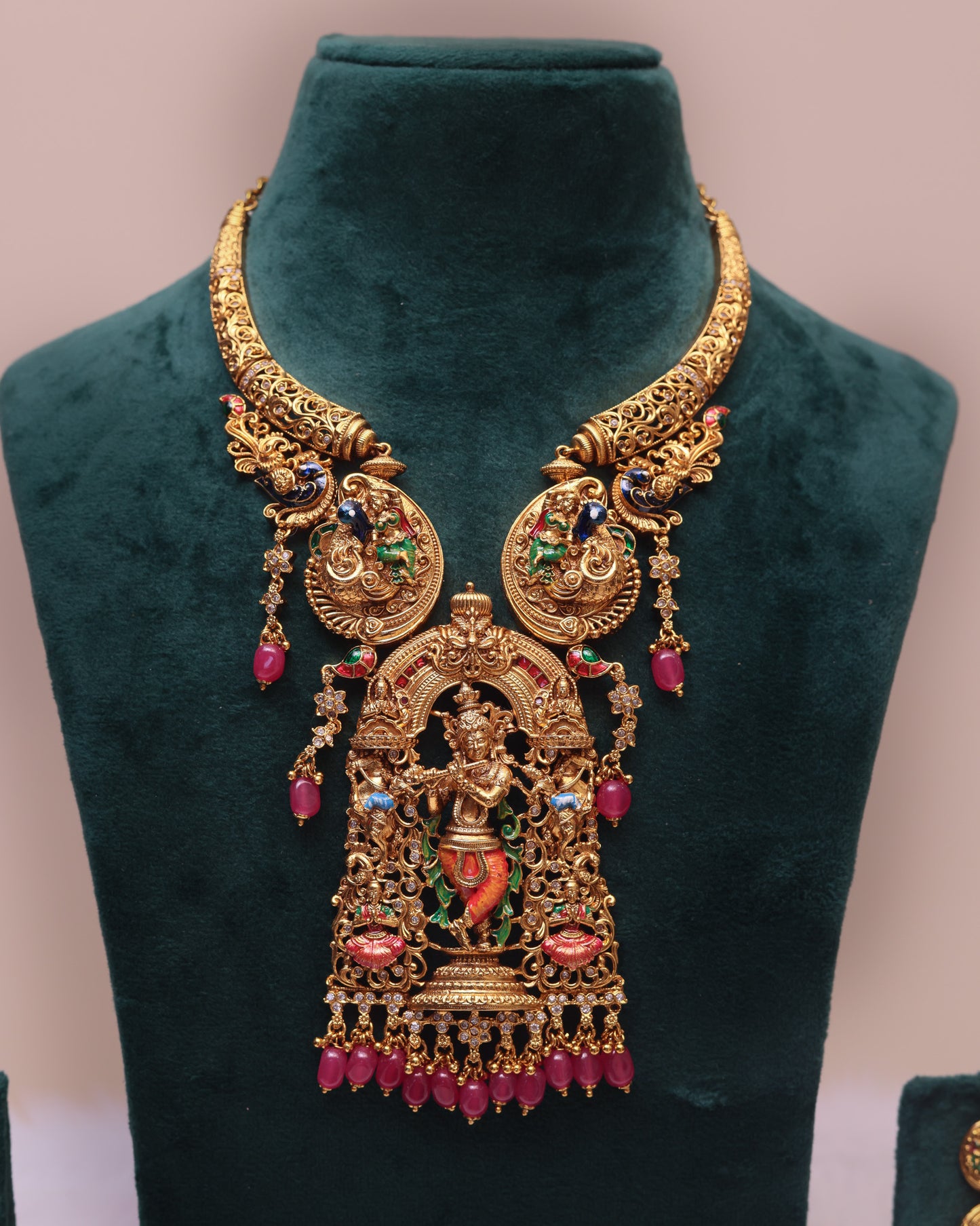 Sri Krishna Leela Meenakari Haram – Premium South Indian Temple Jewellery Set By Suwarnikaa Jewels