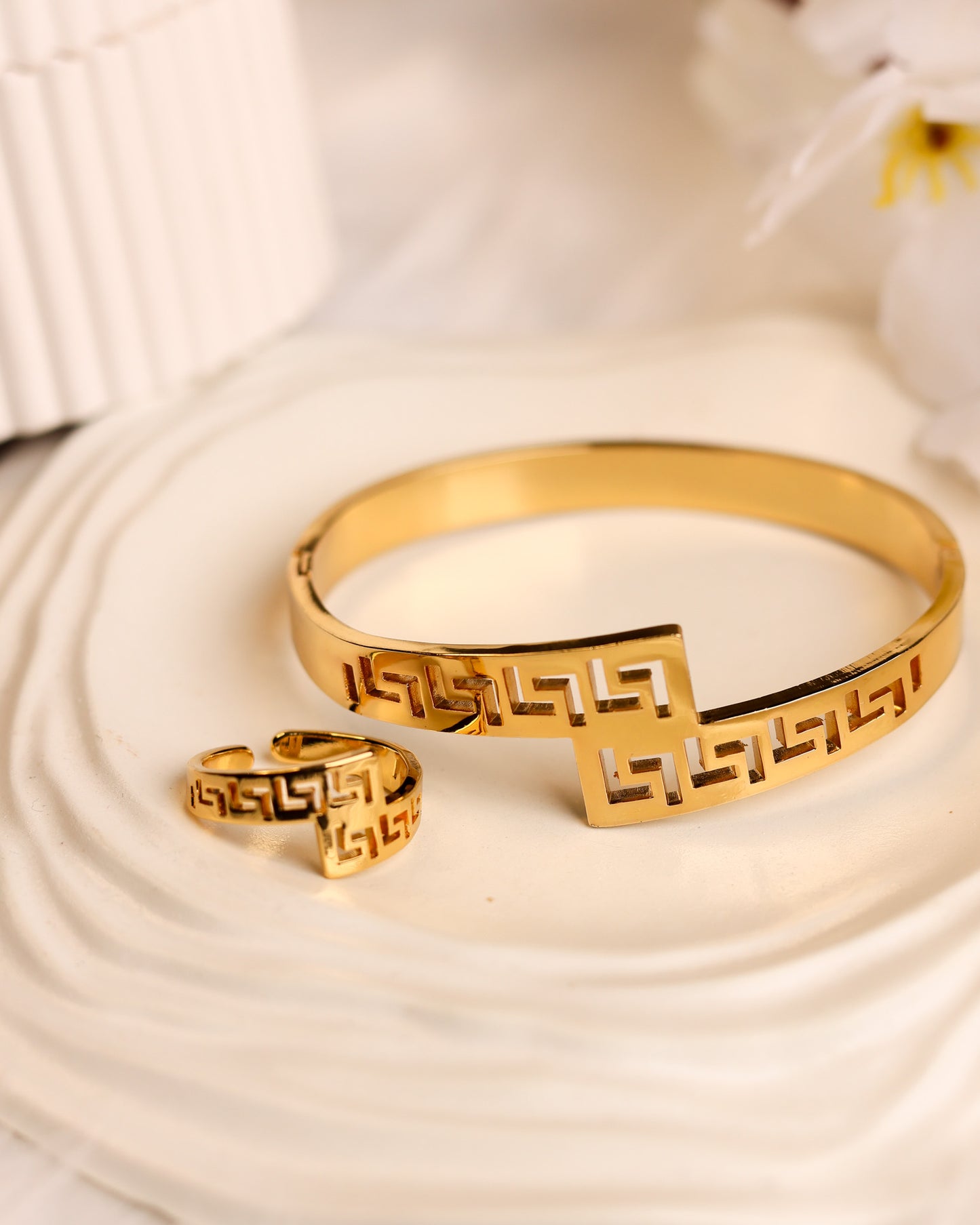 : Regal Maze Gold Cuff & Ring Set | Free Size | Premium Quality (Anti Tarnish & Gold Polish)