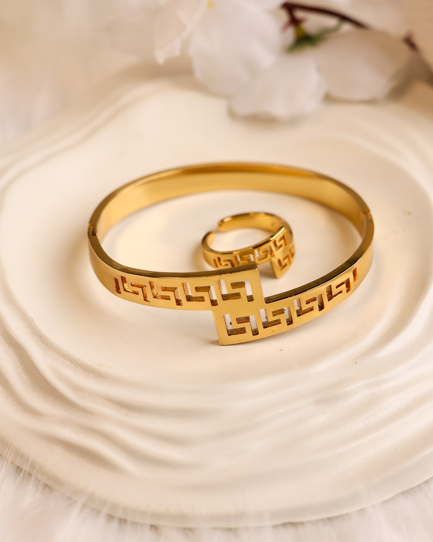 : Regal Maze Gold Cuff & Ring Set | Free Size | Premium Quality (Anti Tarnish & Gold Polish)