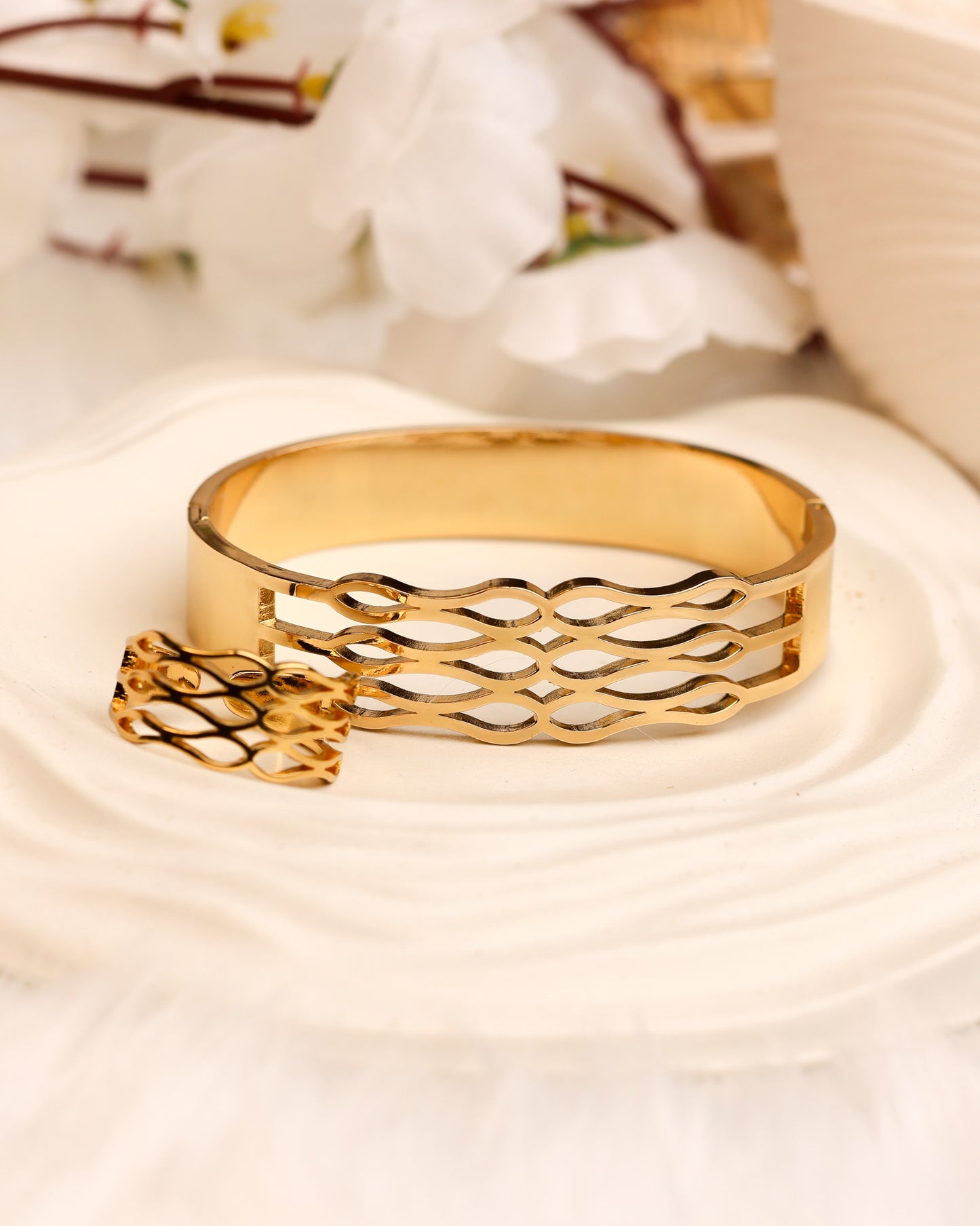 Serene Lattice Gold Cuff & Ring Set | Free Size | Premium Quality (Anti Tarnish & Gold Polish)