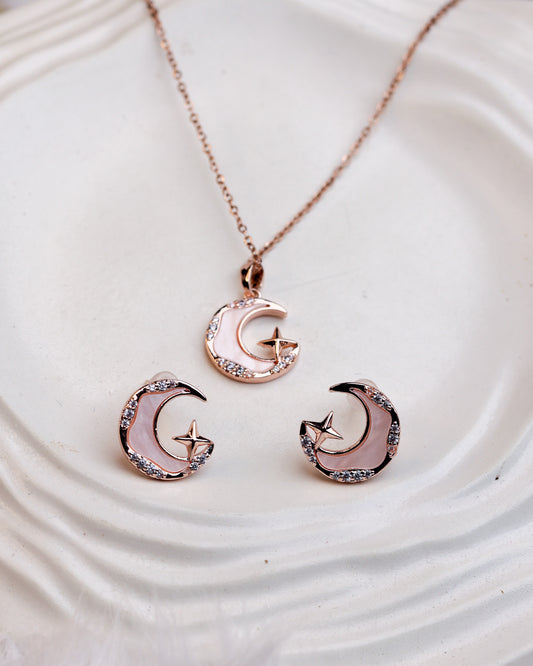 Luna Star Crescent Pendant & Stud Set Antitarnish chain By Suwarnikaa Jewels