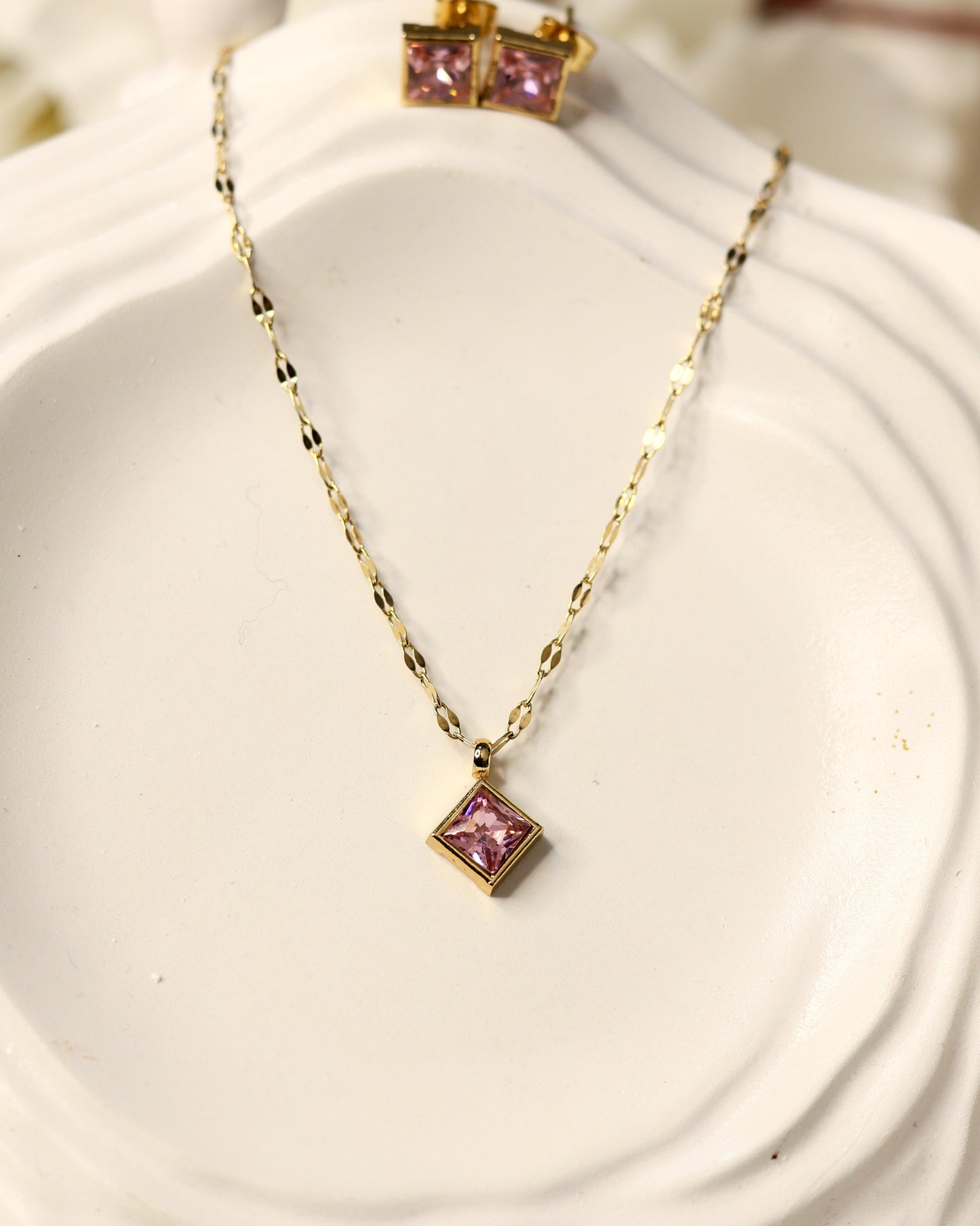 Blush Square Radiance Pendant & Stud Set Antitarnish chain By Suwarnikaa Jewels