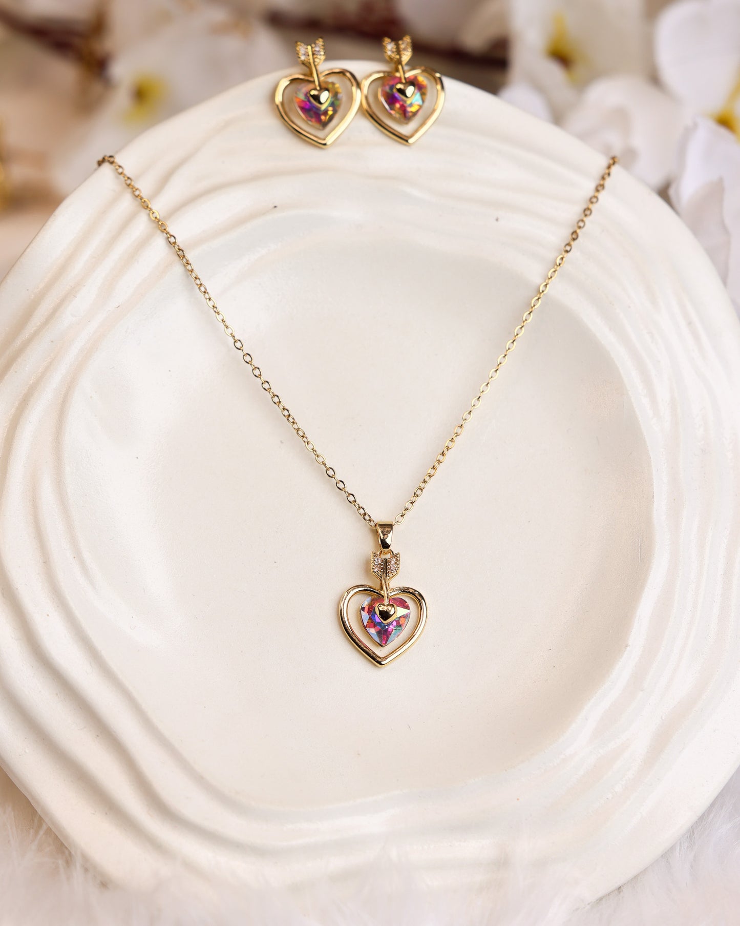 Cupid Prism Heart Pendant & Stud Set  Antitarnish chain By Suwarnikaa Jewels