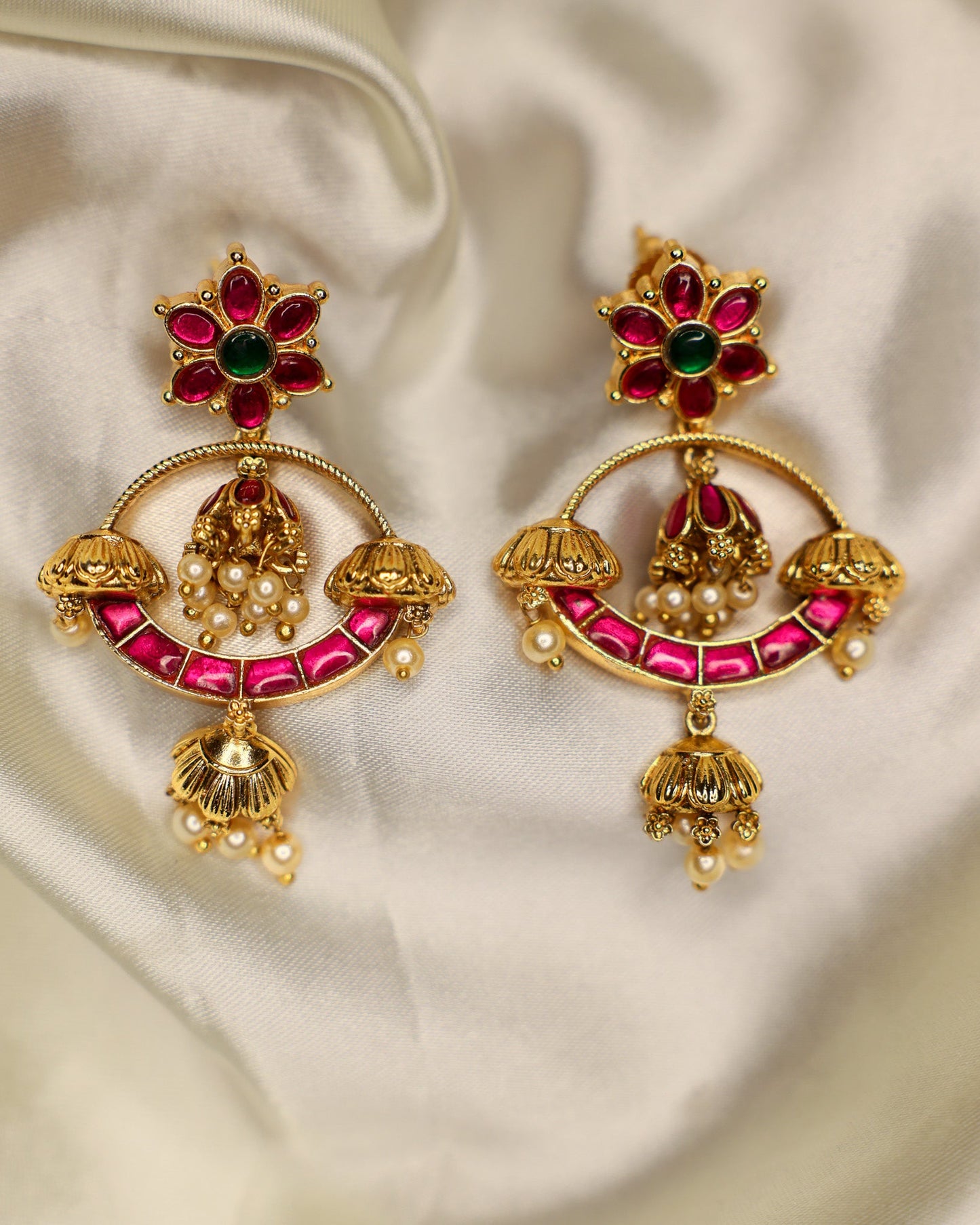 Sindura Pushpa Chandram (Jadau Kundhan) premium Gold Polished Earings by Suwarnikaa jewels