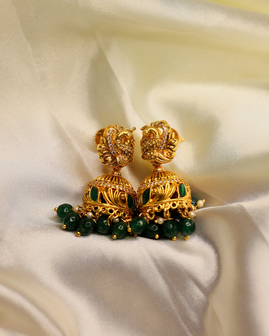 Mayura Alankara Emareld Jhumkalu premium Gold Polished Earings by Suwarnikaa jewels