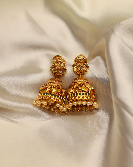 Sri Lakshmi Kalasha Jhumkalu premium Gold Polished Earings by Suwarnikaa jewels