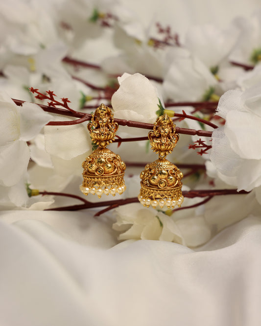 Padmavati Anugraha Jhumkalu premium Gold Polished Earings by Suwarnikaa jewels