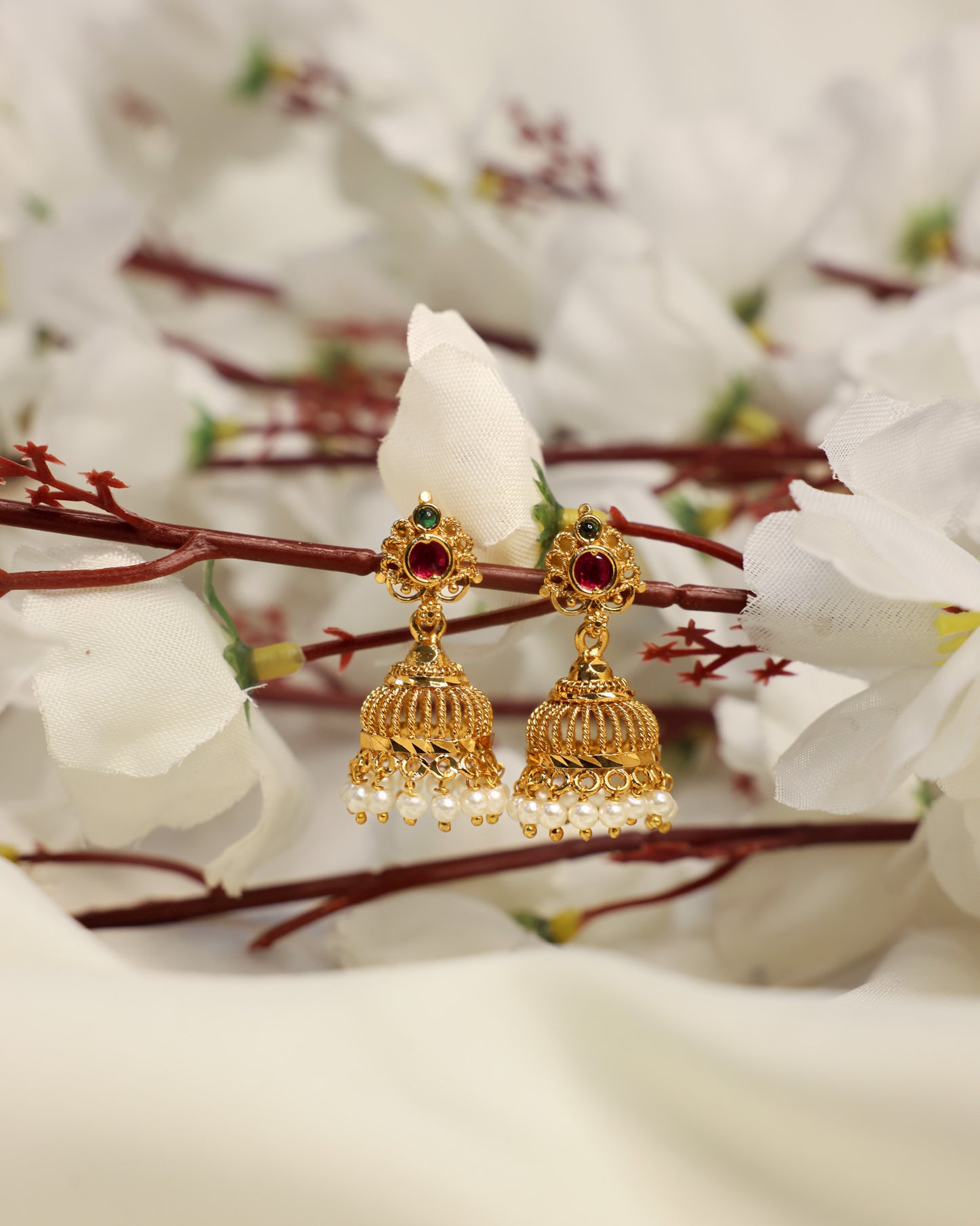 Lohita Shobha white pearl Jhumkalu premium Gold Polished Earings by Suwarnikaa jewels