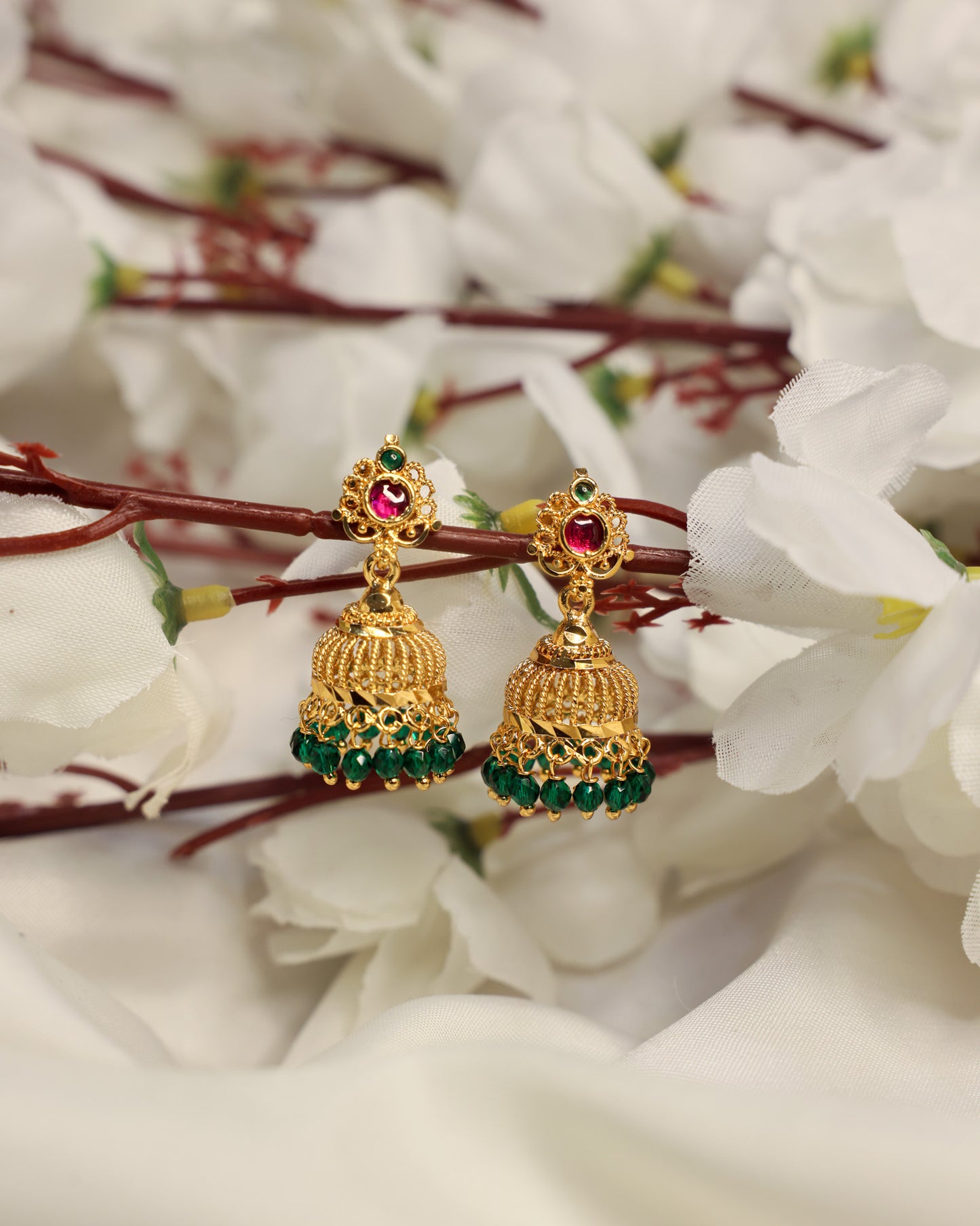 Lohita Shobha Emerald Jhumkalu premium Gold Polished Earings by Suwarnikaa jewels