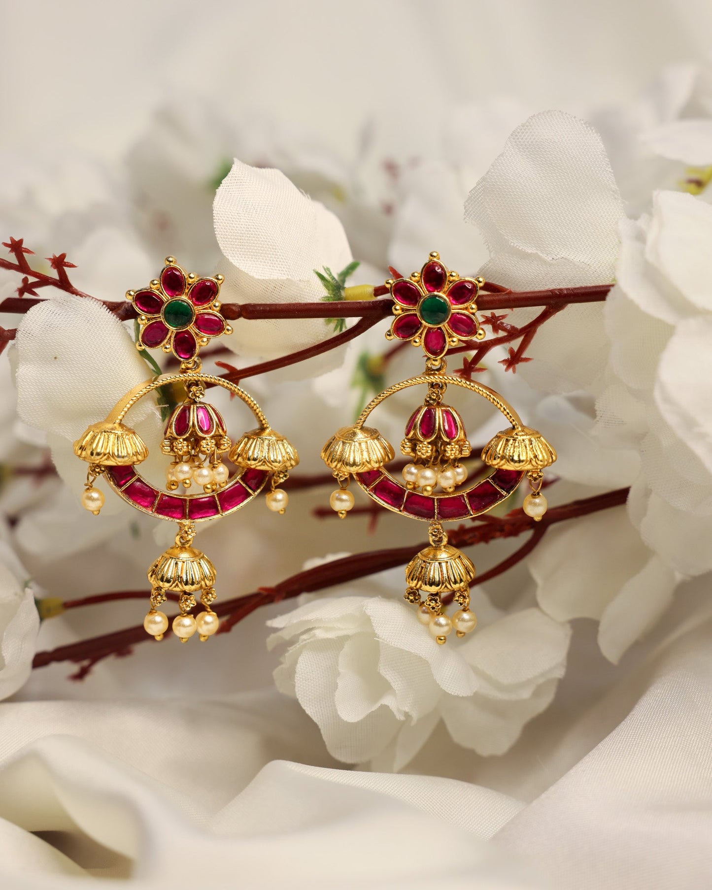 Sindura Pushpa Chandram (Jadau Kundhan) premium Gold Polished Earings by Suwarnikaa jewels
