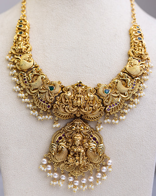 Royal Mahalakshmi Heritage Set white pearl Temple Haram - (Premium Masterpiece Edition) – By Suwarnikaa Jewels