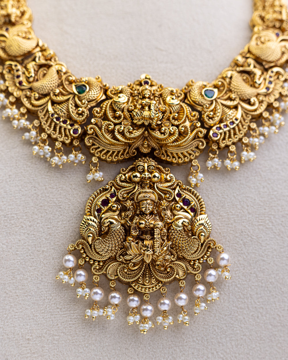 Royal Mahalakshmi Heritage Set white pearl Temple Haram - (Premium Masterpiece Edition) – By Suwarnikaa Jewels